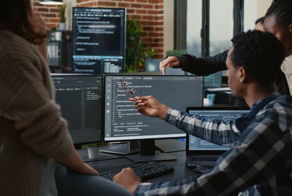 Developer working on a custom loan management software interface."