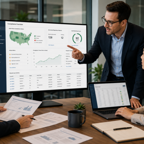 Lending compliance team reviewing automated regulatory reporting dashboards and audit-ready loan data on a software platform.
