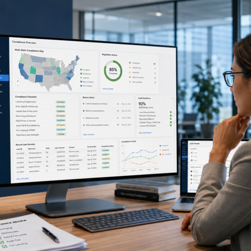 Compliance manager reviewing multi-state lending regulations and audit-ready loan data on a lending software platform.