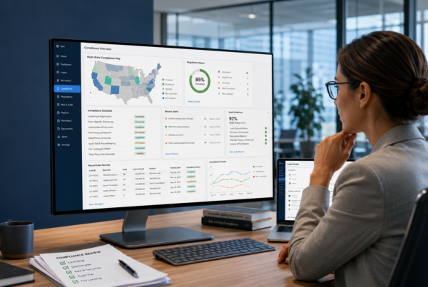 Compliance manager reviewing multi-state lending regulations and audit-ready loan data on a lending software platform.