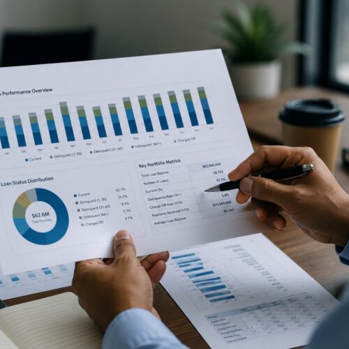 Loan portfolio management software dashboard showing lending analytics, reporting, delinquency trends, and portfolio performance data