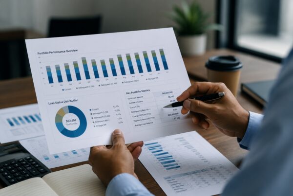 Loan portfolio management software dashboard showing lending analytics, reporting, delinquency trends, and portfolio performance data