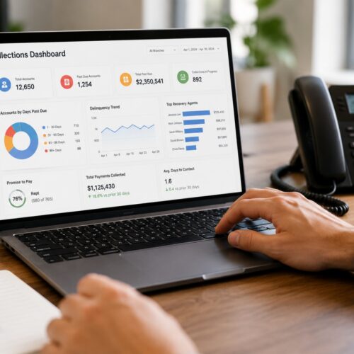 Loan collections software dashboard helping lenders manage delinquent accounts