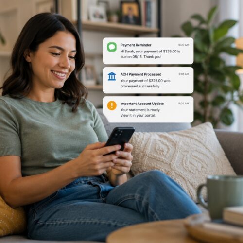 Borrower communication software sending automated payment reminders by SMS and email